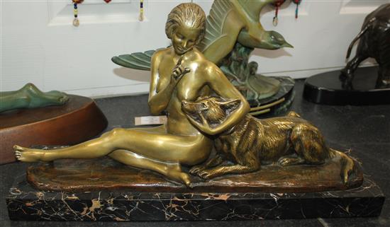 A French Art Deco bronze of a seated nude and dog, 28.5in.